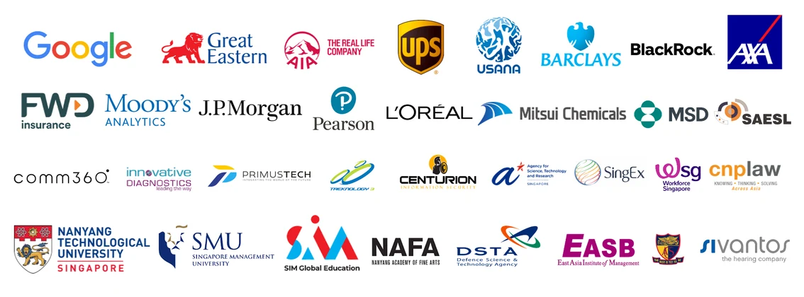 Organisations trained by Hyder Taufik, including Google, JP Morgan, AIA, Barclays, BlackRock, Moody's Analytics, NTU and SMU